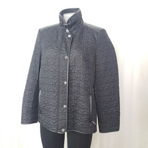 Basler black quilted moto jacket heart pattern faux leather trim size medium